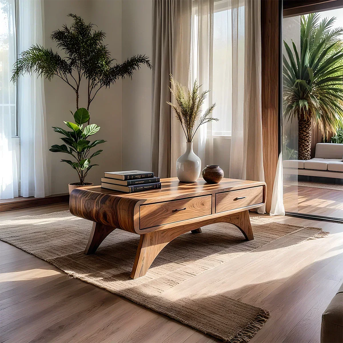 Handcrafted Mid-Century Natural Solid Wood Coffee Table with Storage - Rustiracraft