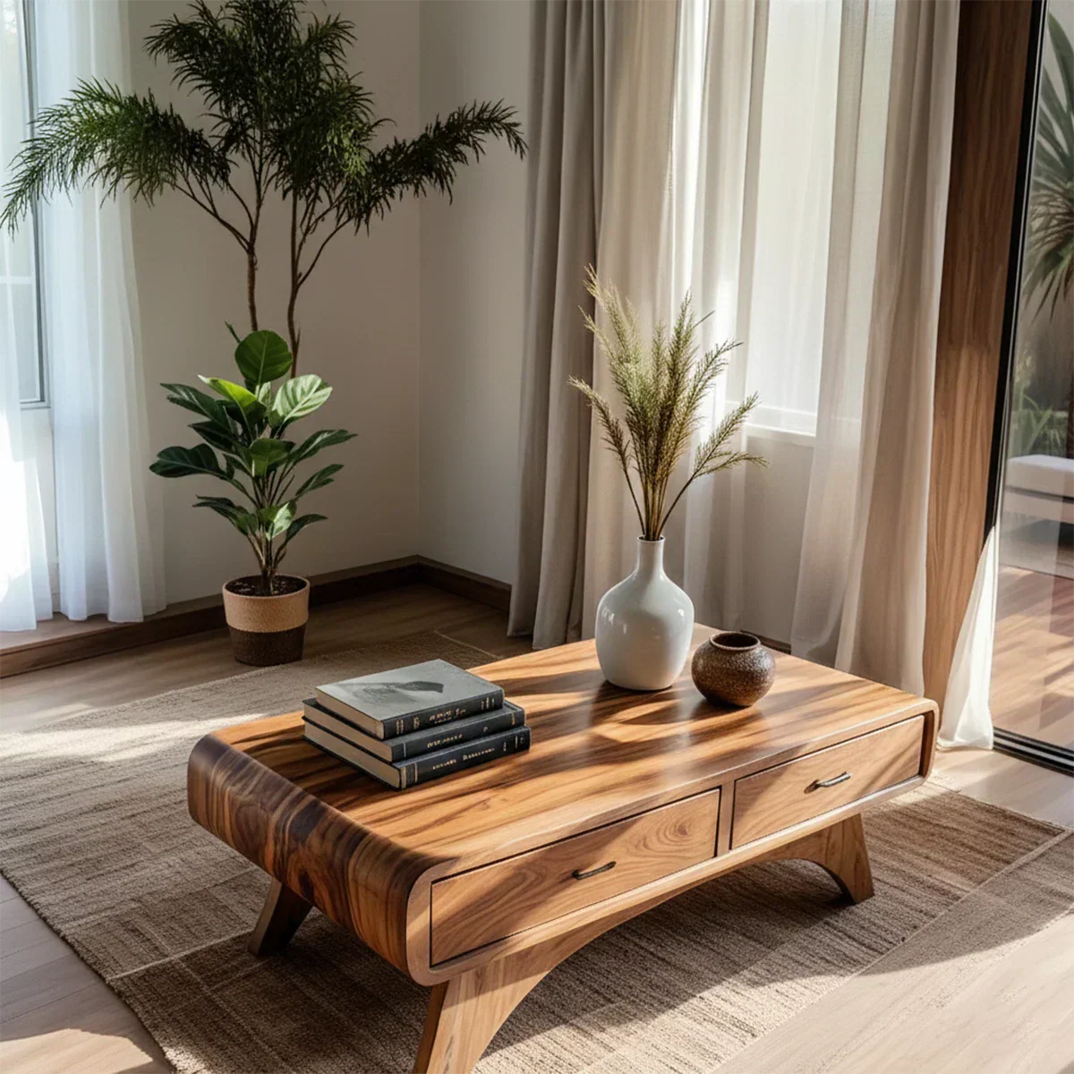 Handcrafted Mid-Century Natural Solid Wood Coffee Table with Storage - Rustiracraft