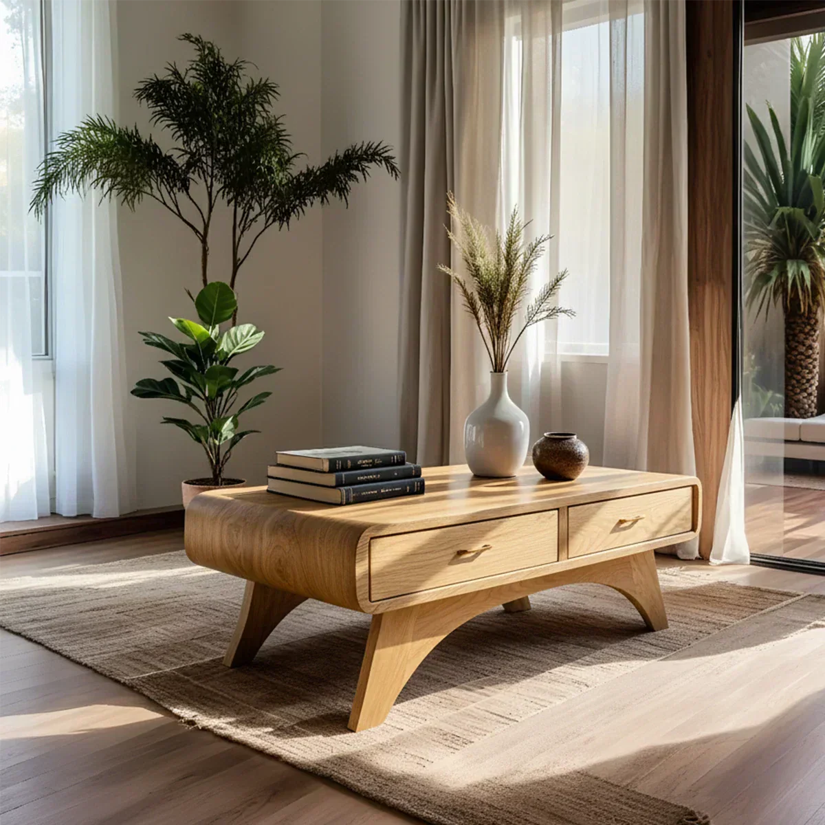 Handcrafted Mid-Century Natural Solid Wood Coffee Table with Storage - Rustiracraft