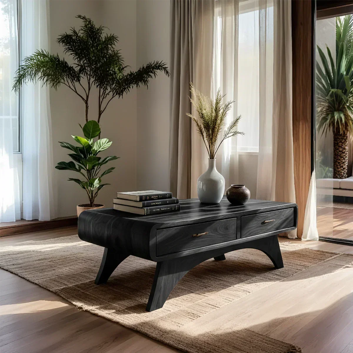 Handcrafted Mid-Century Natural Solid Wood Coffee Table with Storage - Rustiracraft