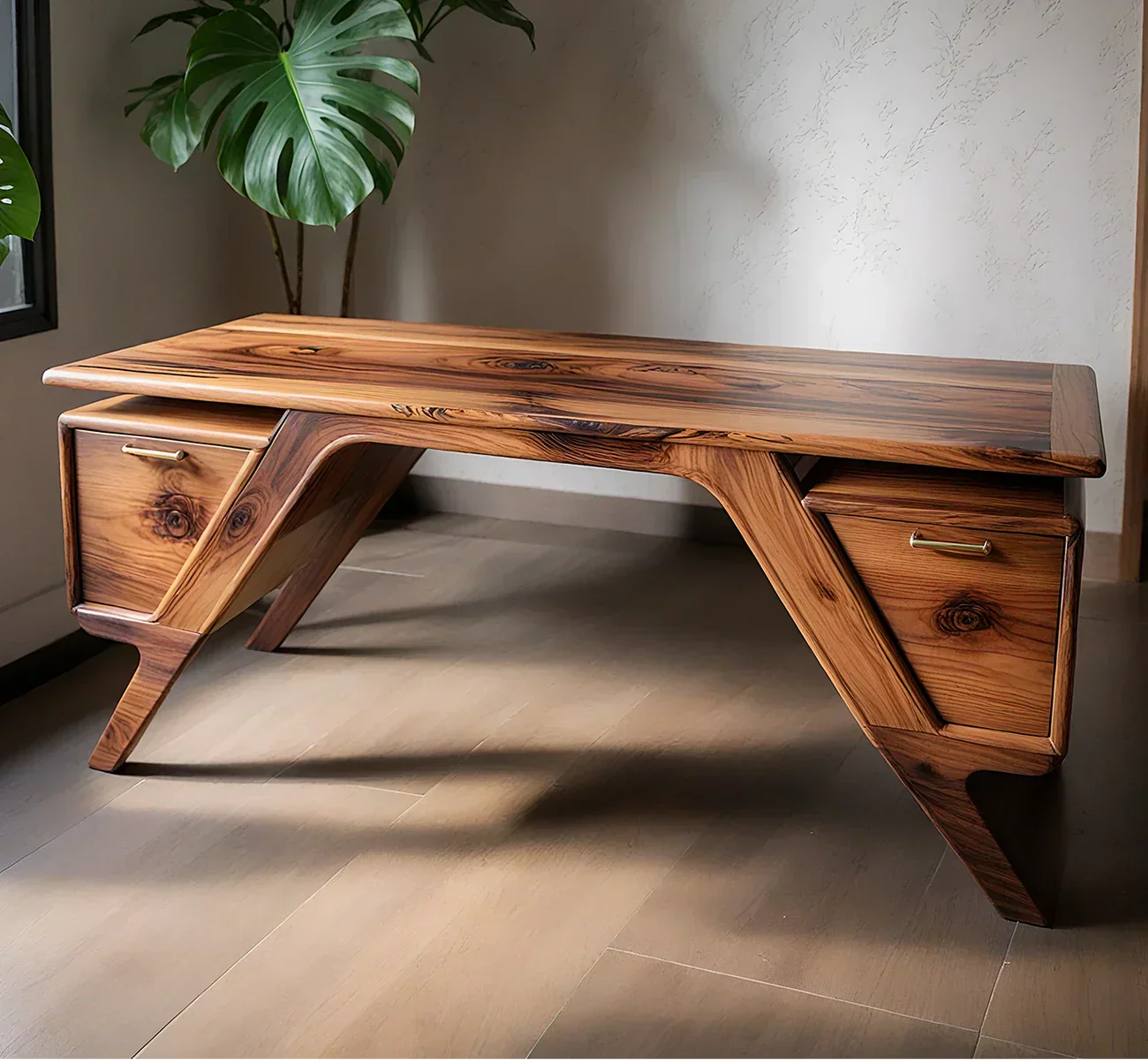 Handcrafted Natural Solid Wood Desk — Modern Angular Design - Rustiracraft