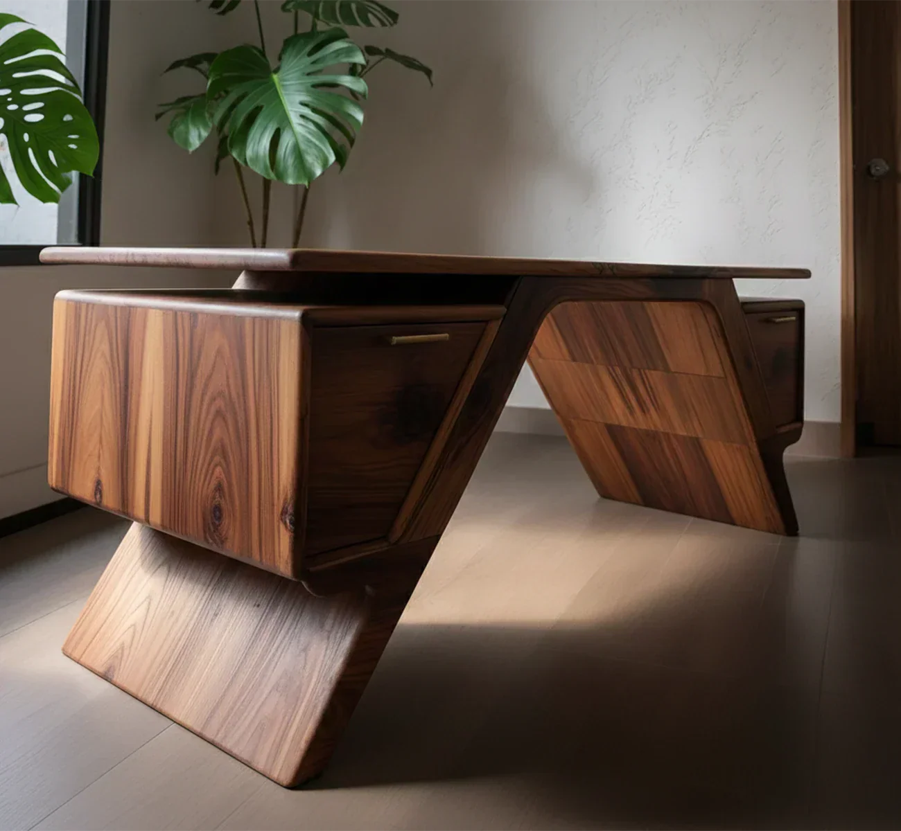 Handcrafted Natural Solid Wood Desk — Modern Angular Design - Rustiracraft