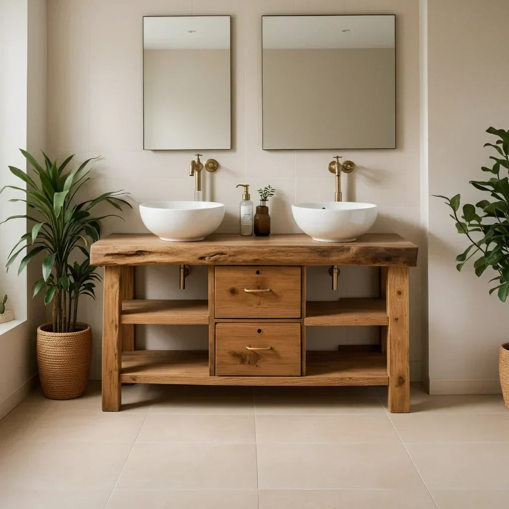 Handcrafted Natural Solid Wood Double-Sink Bathroom Vanity - Rustiracraft 