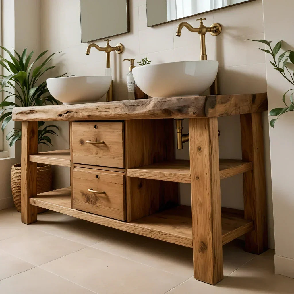 Handcrafted Natural Solid Wood Double-Sink Bathroom Vanity - Rustiracraft 