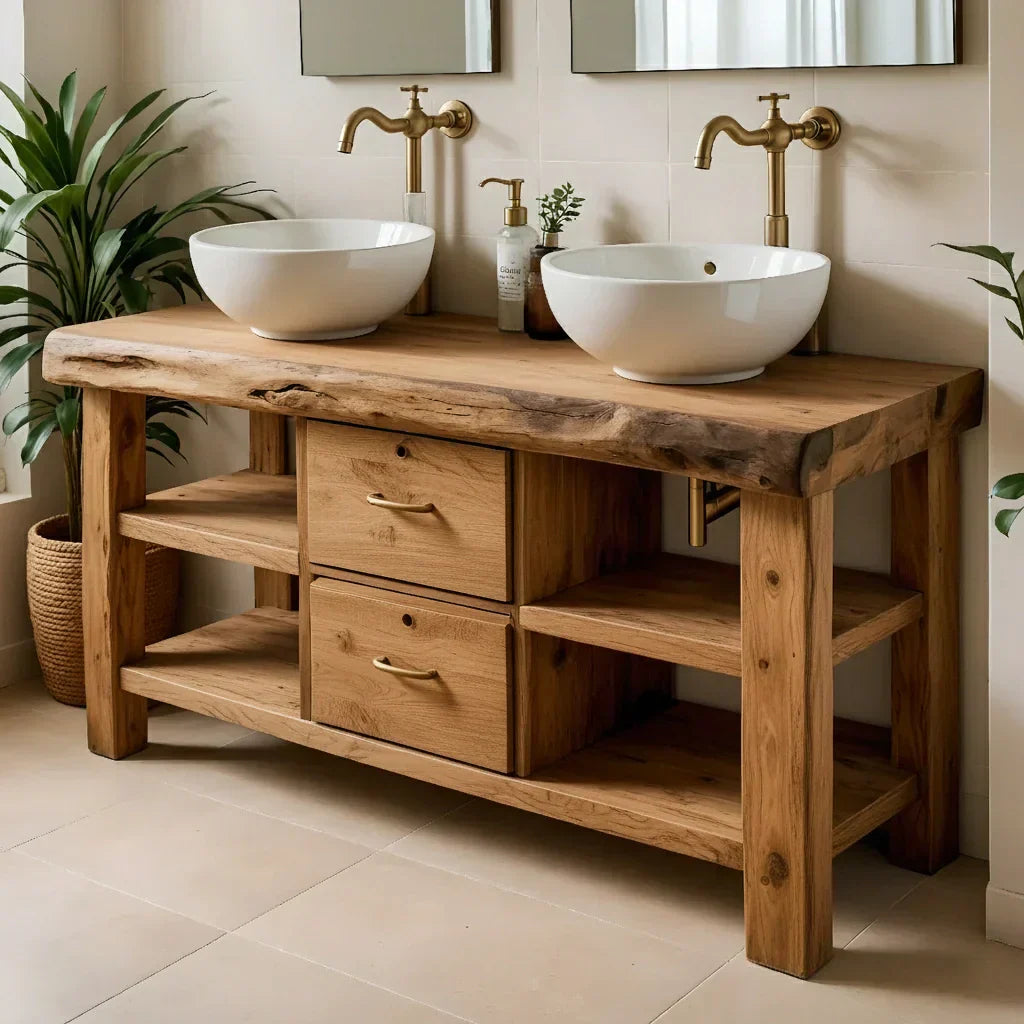 Handcrafted Natural Solid Wood Double-Sink Bathroom Vanity - Rustiracraft 