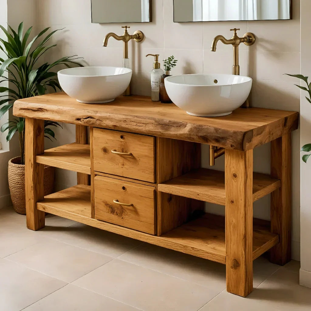 Handcrafted Natural Solid Wood Double-Sink Bathroom Vanity - Rustiracraft 