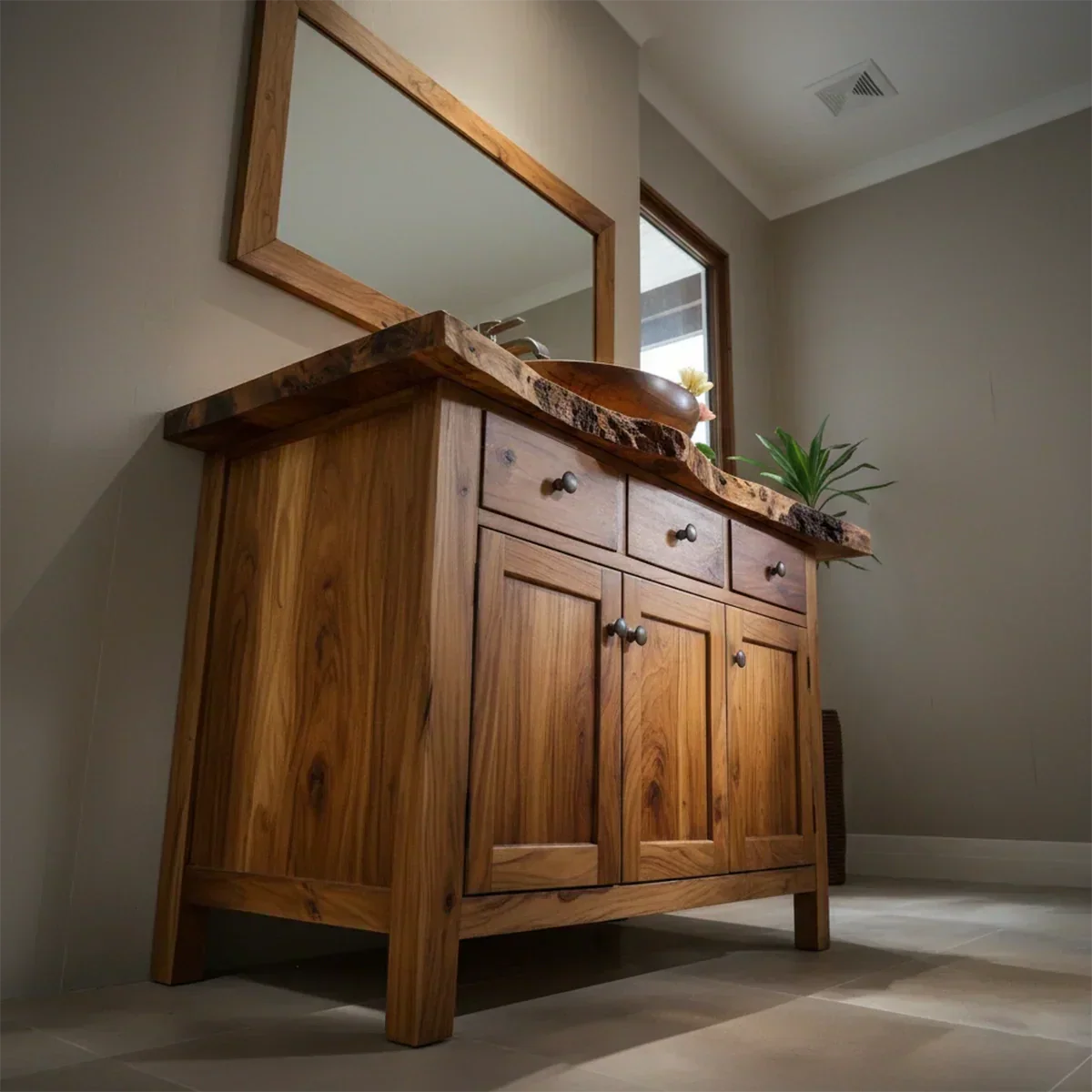 Handcrafted Natural Solid Wood Live-Edge Bathroom Vanity Cabinet - Rustiracraft 