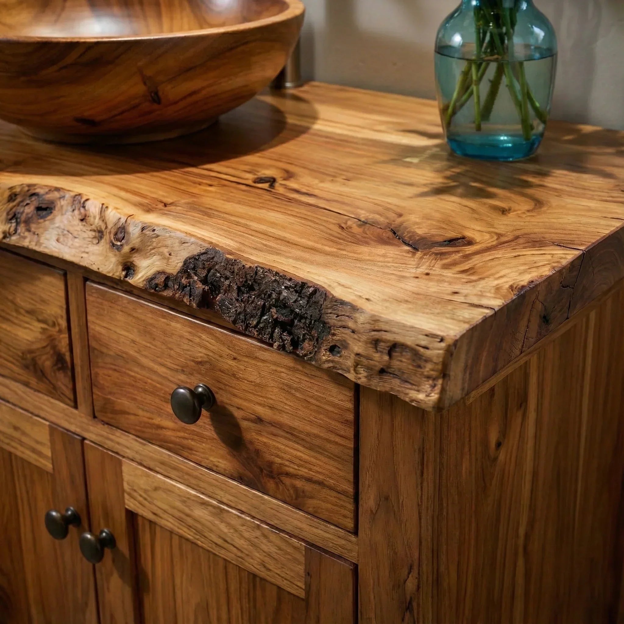 Handcrafted Natural Solid Wood Live-Edge Bathroom Vanity Cabinet - Rustiracraft 