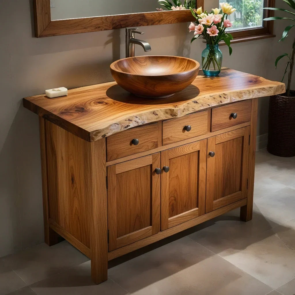 Handcrafted Natural Solid Wood Live-Edge Bathroom Vanity Cabinet - Rustiracraft 