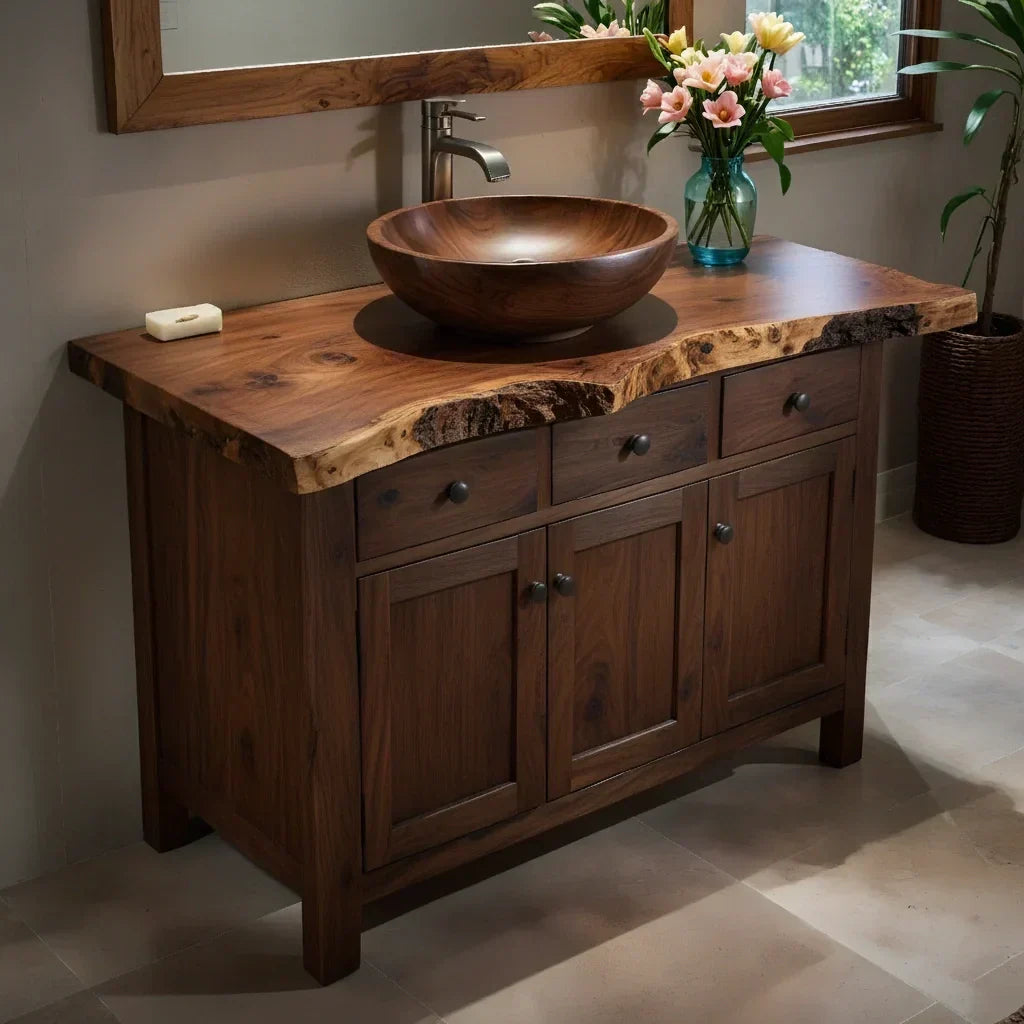 Handcrafted Natural Solid Wood Live-Edge Bathroom Vanity Cabinet - Rustiracraft 