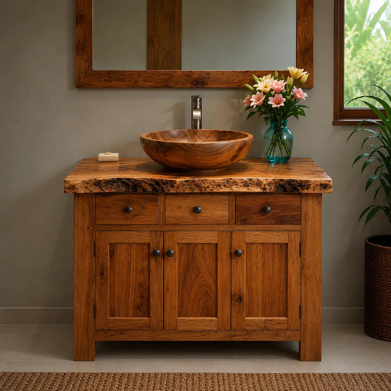 Handcrafted Natural Solid Wood Live-Edge Bathroom Vanity Cabinet - Rustiracraft
