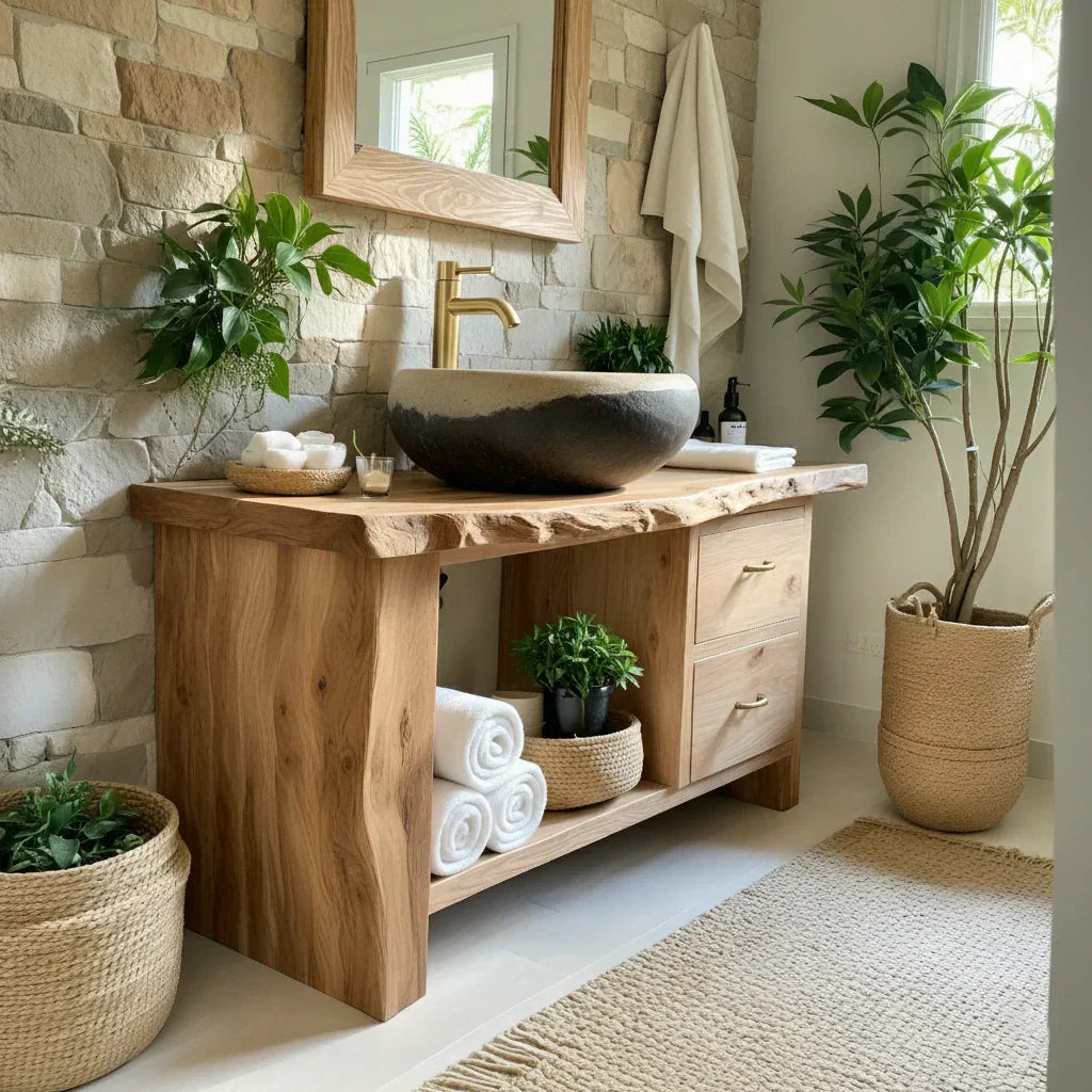 Handcrafted Natural Solid Wood Live-Edge Bathroom Vanity - Rustiracraft 