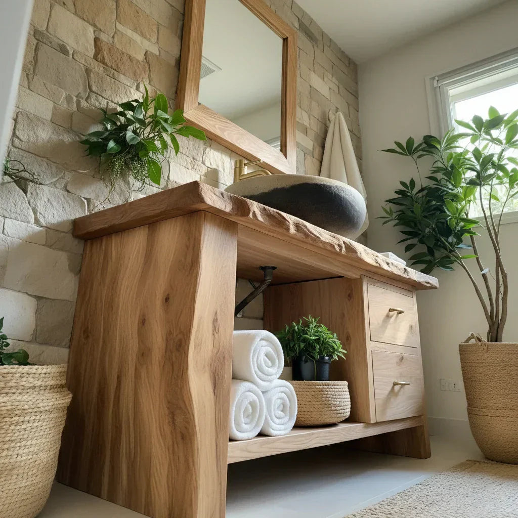 Handcrafted Natural Solid Wood Live-Edge Bathroom Vanity - Rustiracraft 