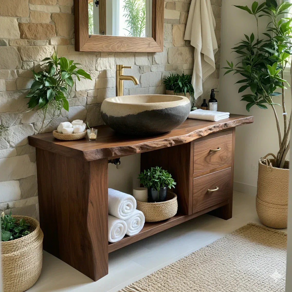 Handcrafted Natural Solid Wood Live-Edge Bathroom Vanity - Rustiracraft 