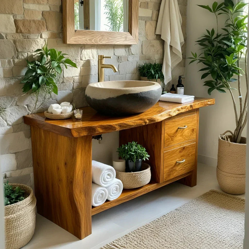 Handcrafted Natural Solid Wood Live-Edge Bathroom Vanity - Rustiracraft 