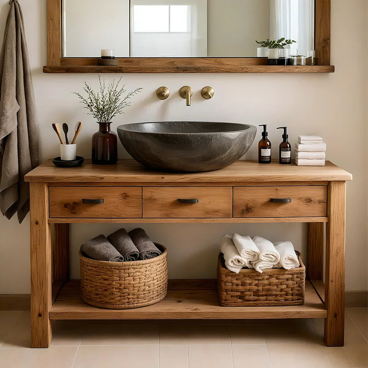 Handcrafted Natural Solid Wood Open-Shelf Bathroom Vanity - Rustiracraft 