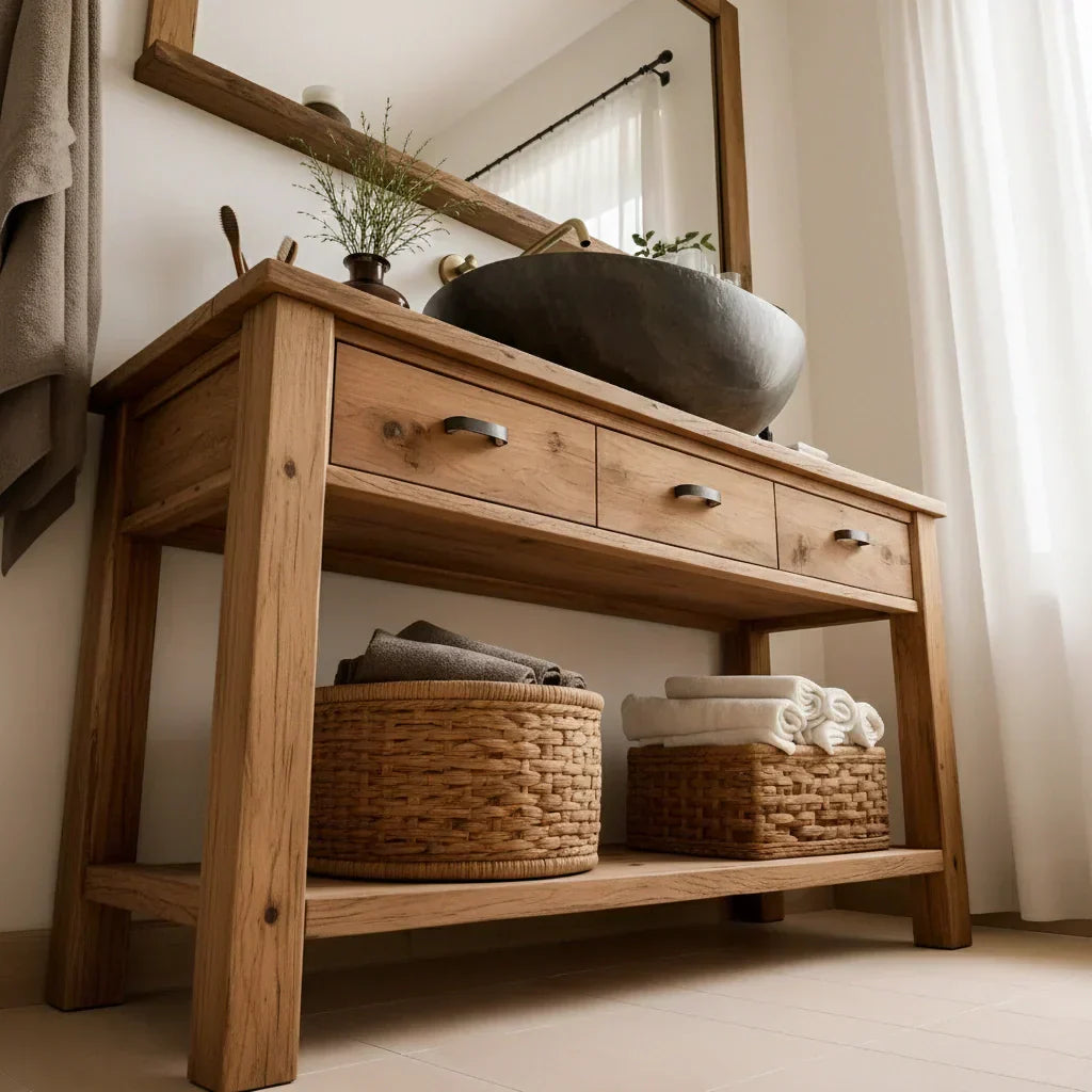 Handcrafted Natural Solid Wood Open-Shelf Bathroom Vanity - Rustiracraft 