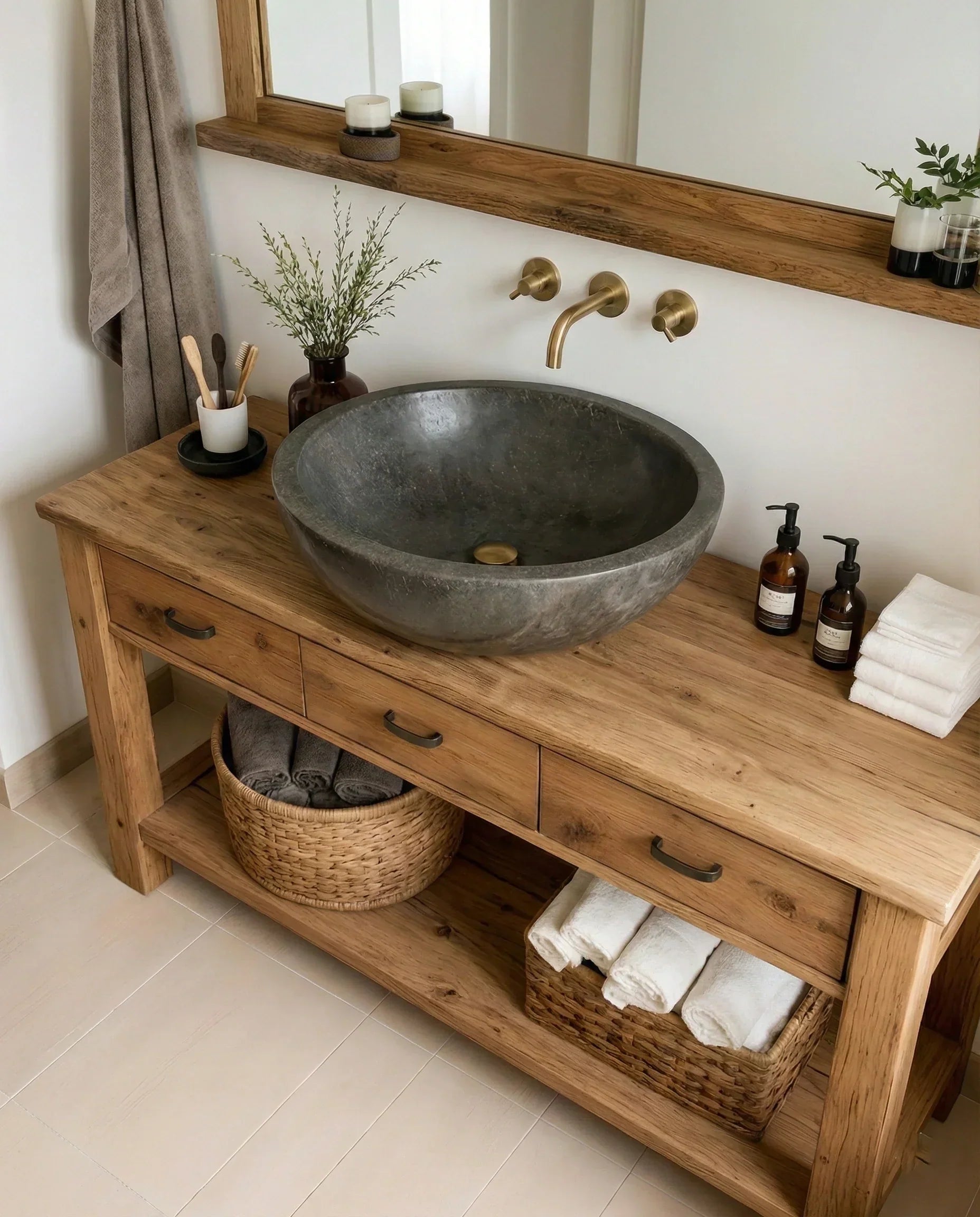 Handcrafted Natural Solid Wood Open-Shelf Bathroom Vanity - Rustiracraft 