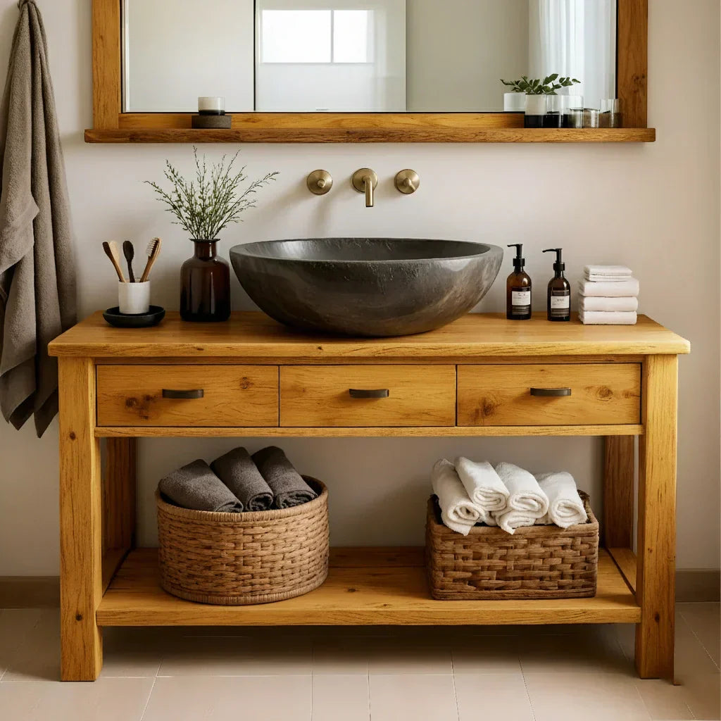 Handcrafted Natural Solid Wood Open-Shelf Bathroom Vanity - Rustiracraft 