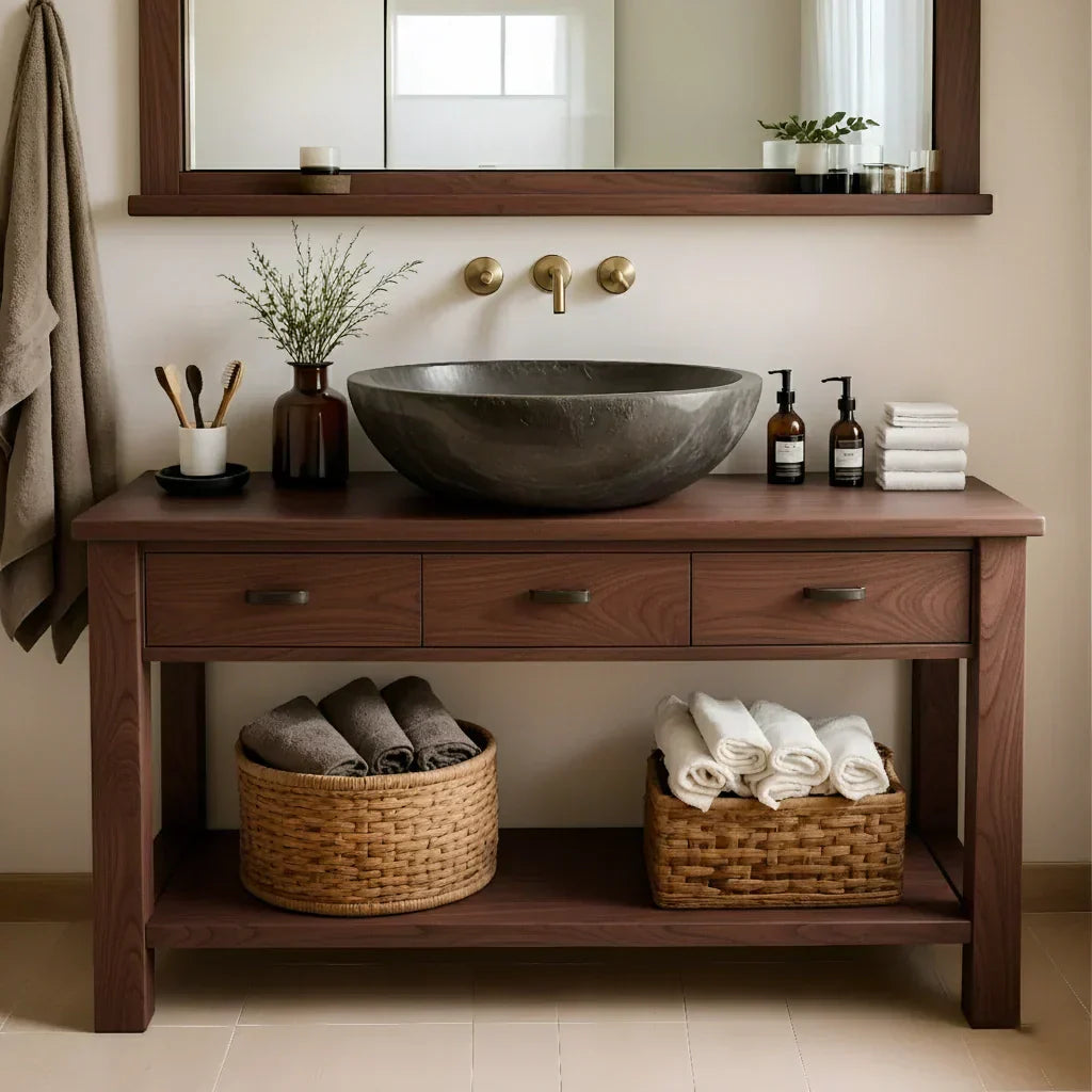 Handcrafted Natural Solid Wood Open-Shelf Bathroom Vanity - Rustiracraft 