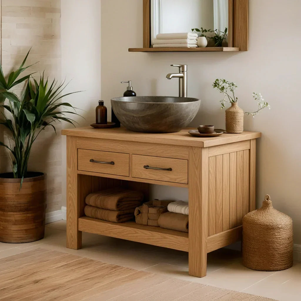 Handcrafted Natural Wood Bathroom Vanity with Drawers & Open Shelf - Rustiracraft 