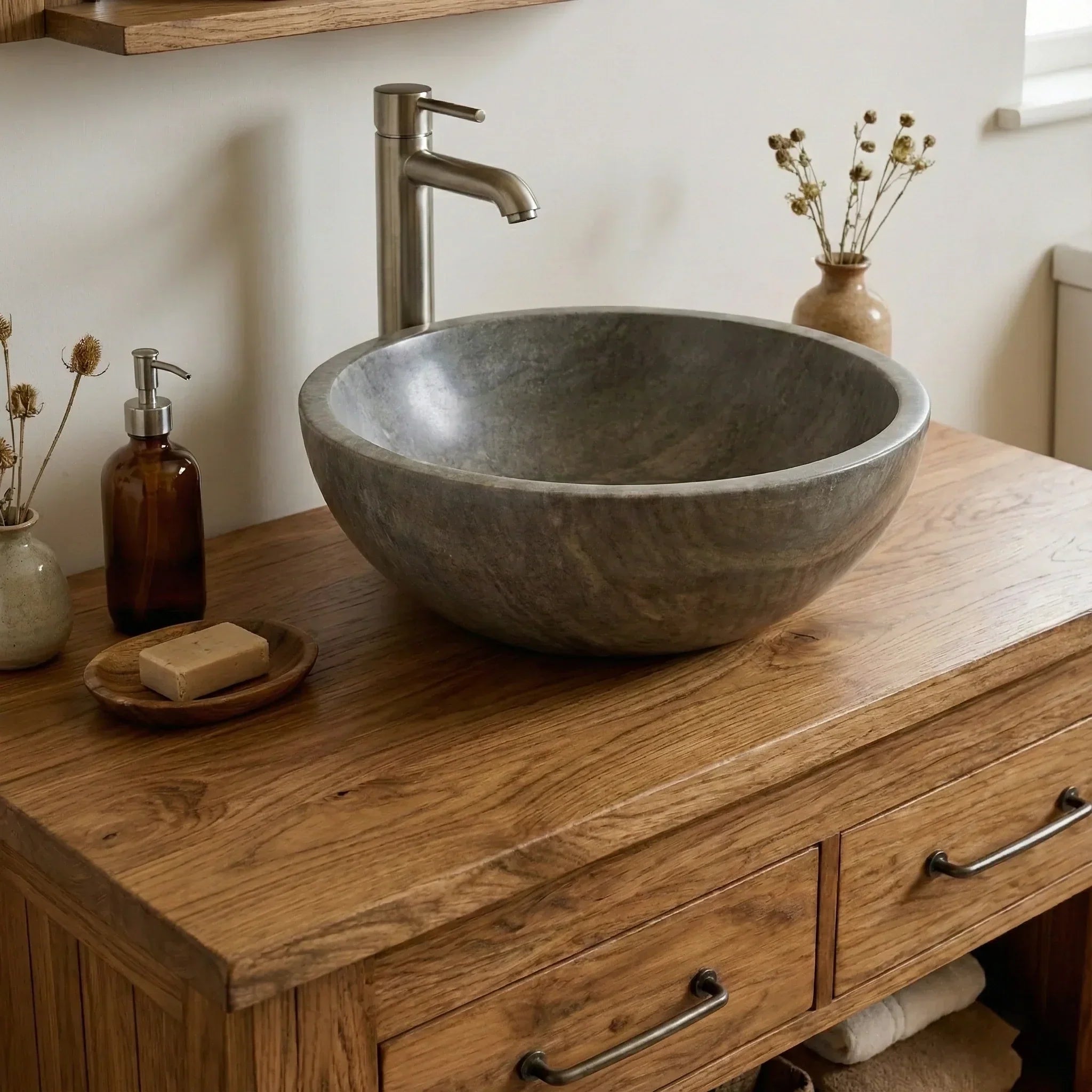 Handcrafted Natural Wood Bathroom Vanity with Drawers & Open Shelf - Rustiracraft 