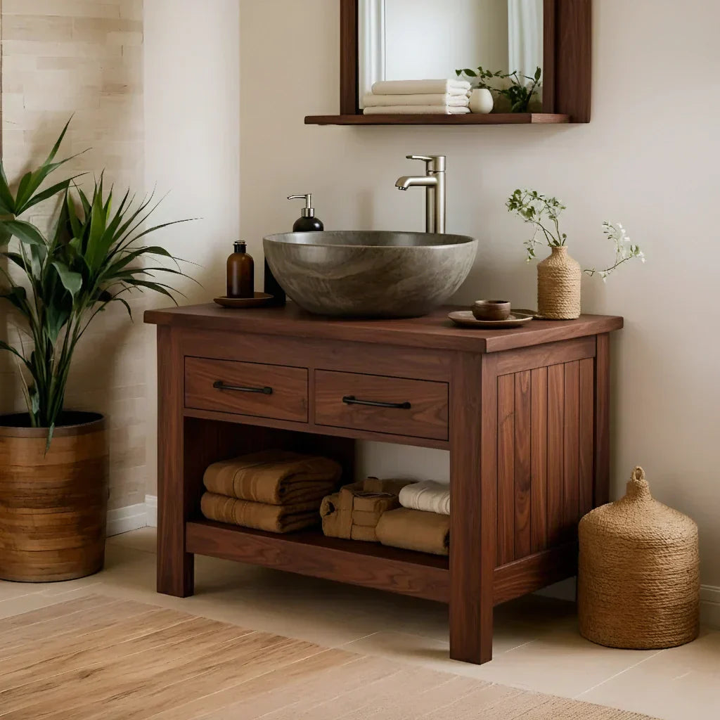 Handcrafted Natural Wood Bathroom Vanity with Drawers & Open Shelf - Rustiracraft 