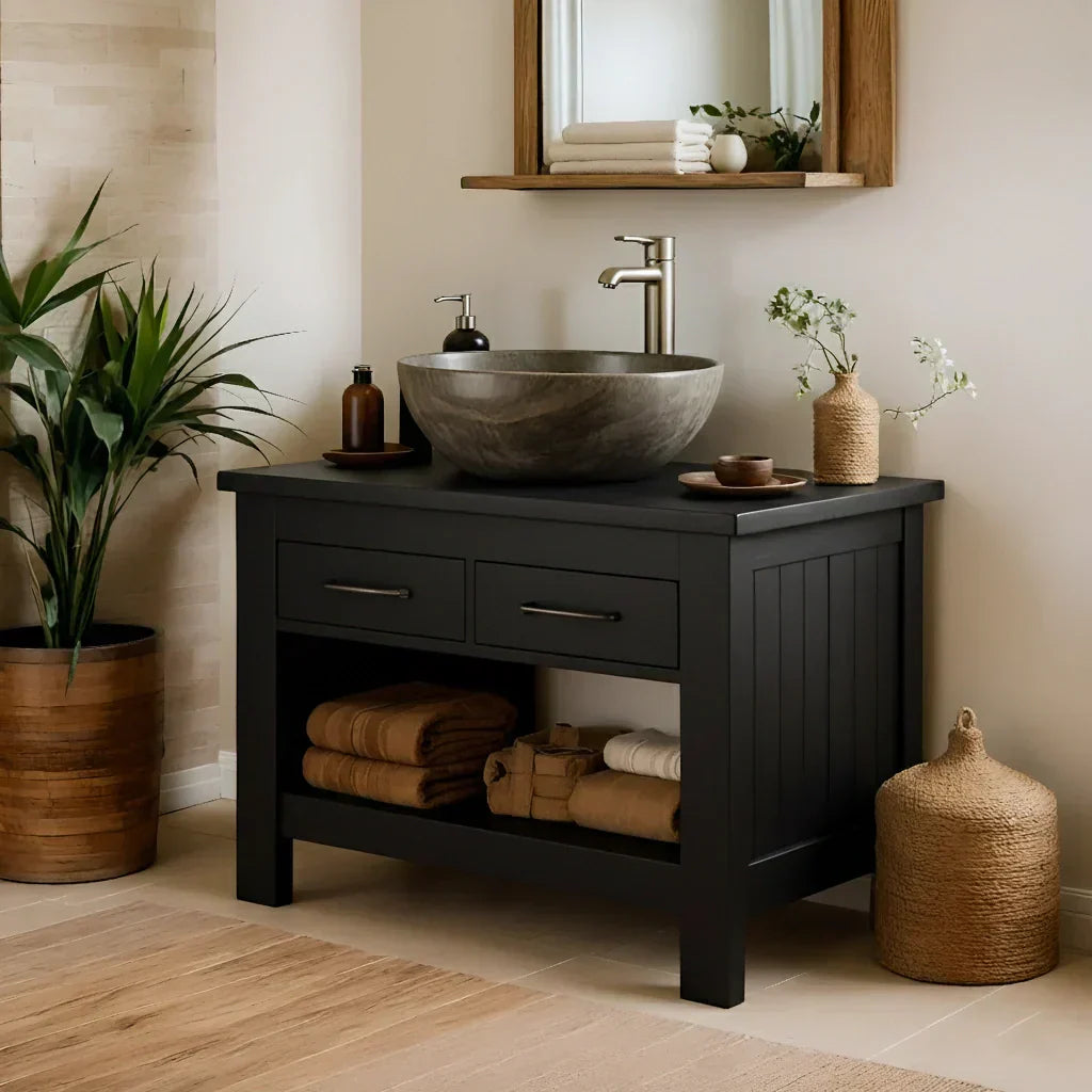 Handcrafted Natural Wood Bathroom Vanity with Drawers & Open Shelf - Rustiracraft 