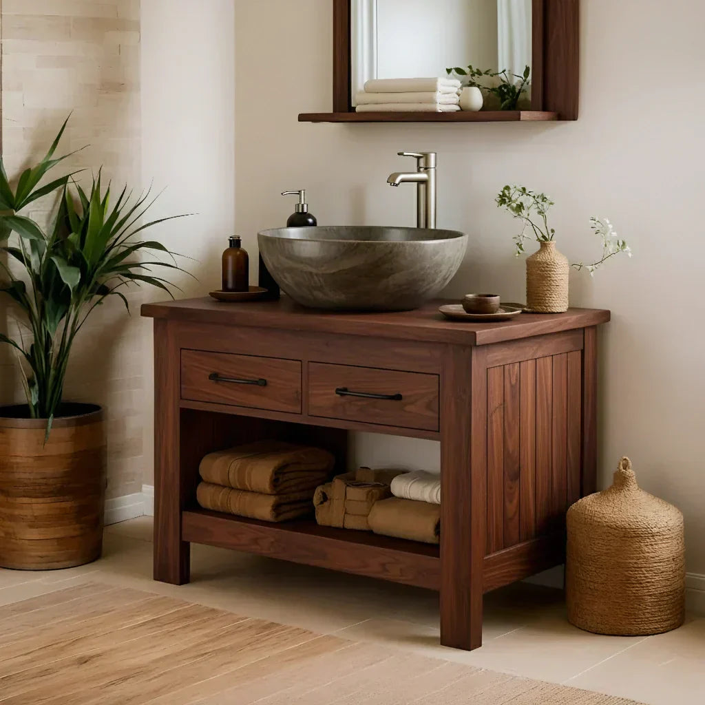 Handcrafted Natural Wood Bathroom Vanity with Drawers & Open Shelf - Rustiracraft