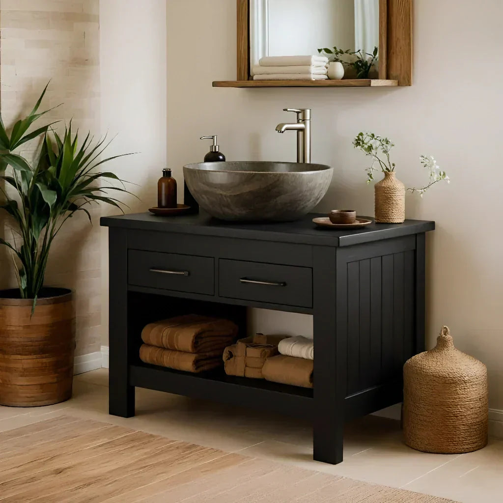 Handcrafted Natural Wood Bathroom Vanity with Drawers & Open Shelf - Rustiracraft