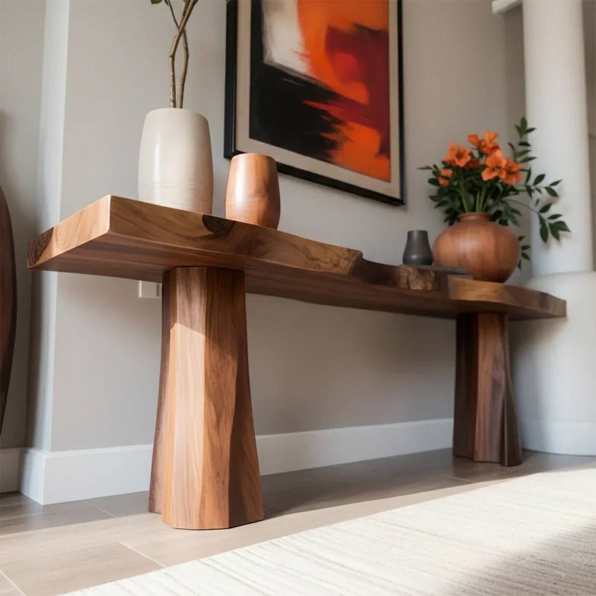 Handcrafted Solid Wood Console Table with Sculpted Block Legs - Rustiracraft