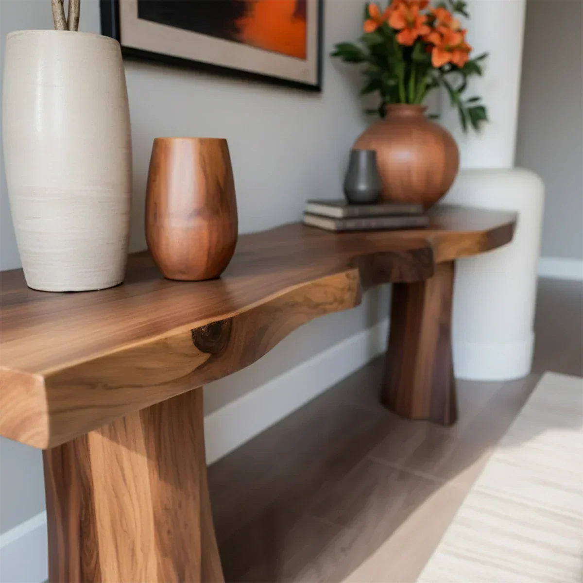 Handcrafted Solid Wood Console Table with Sculpted Block Legs - Rustiracraft