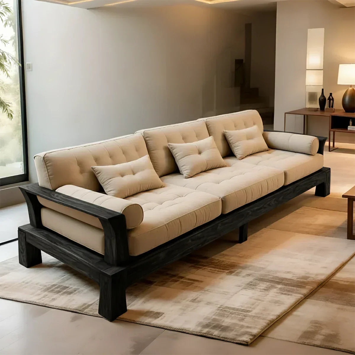 Handcrafted Solid Wood Cotton Sofa – Minimalist Rustic Modern Style - Rustiracraft 