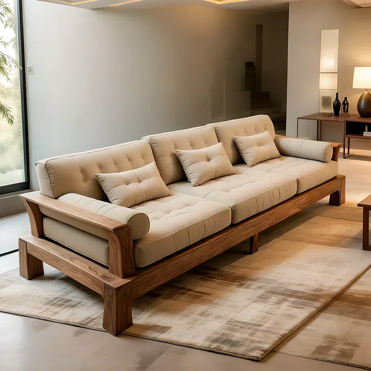 Handcrafted Solid Wood Cotton Sofa – Minimalist Rustic Modern Style - Rustiracraft
