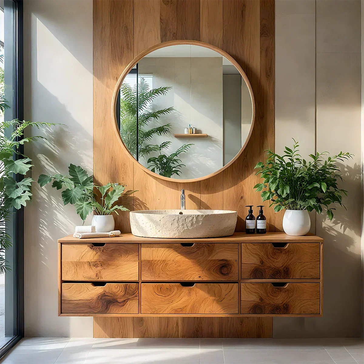 Handcrafted Solid Wood Floating Vanity with Stone Basin - Rustiracraft 