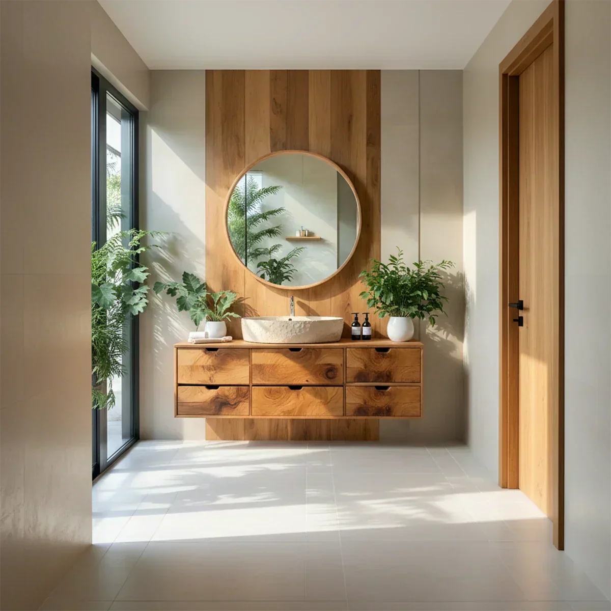 Handcrafted Solid Wood Floating Vanity with Stone Basin - Rustiracraft 
