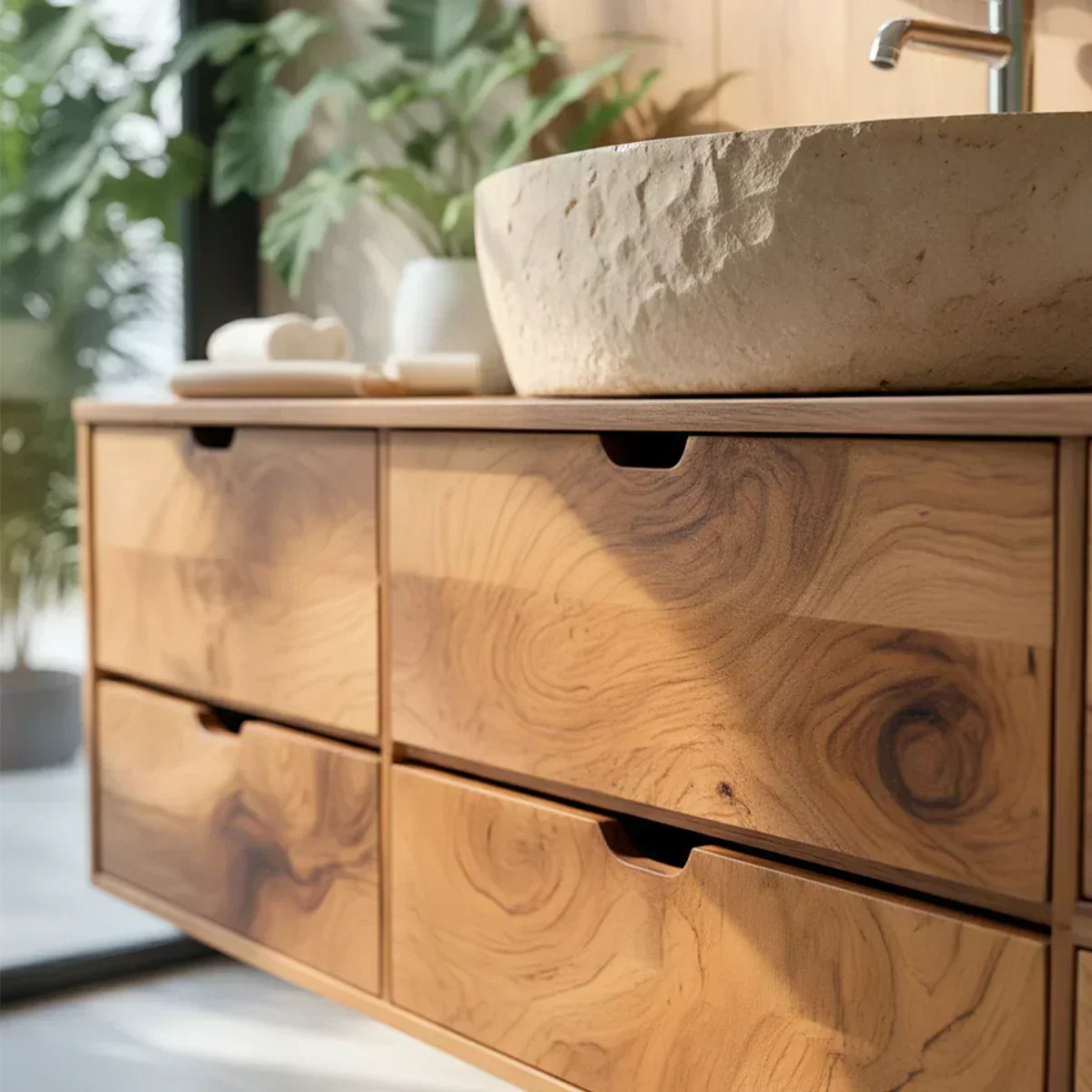 Handcrafted Solid Wood Floating Vanity with Stone Basin - Rustiracraft 