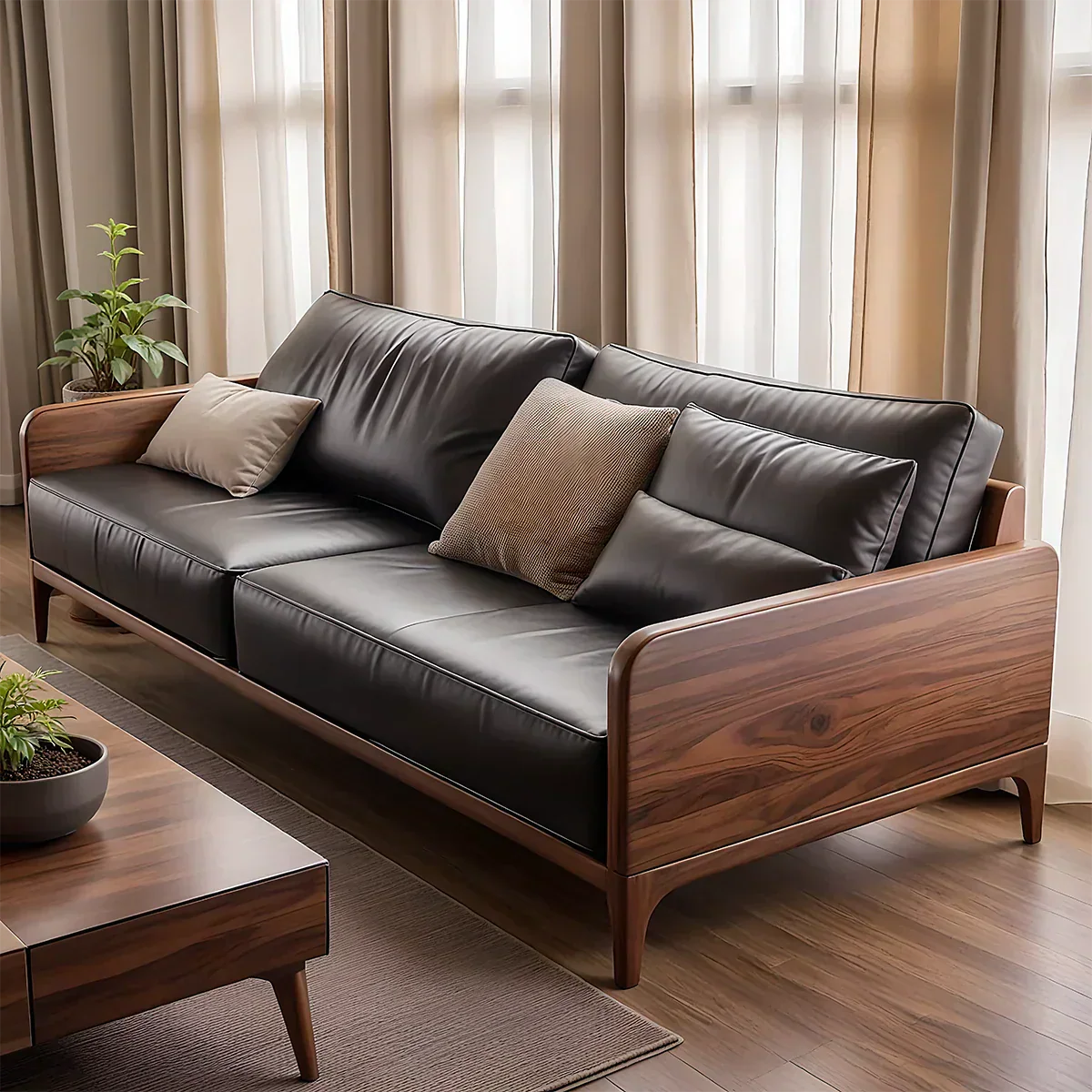 Handcrafted Solid Wood Leather Sofa – Premium Modern Design - Rustiracraft 