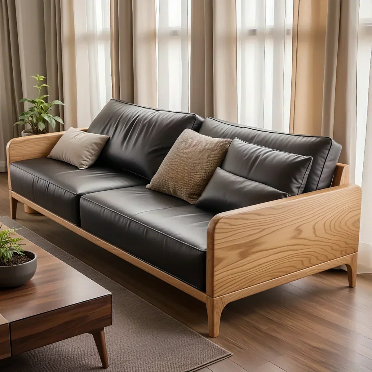 Handcrafted Solid Wood Leather Sofa – Premium Modern Design - Rustiracraft 