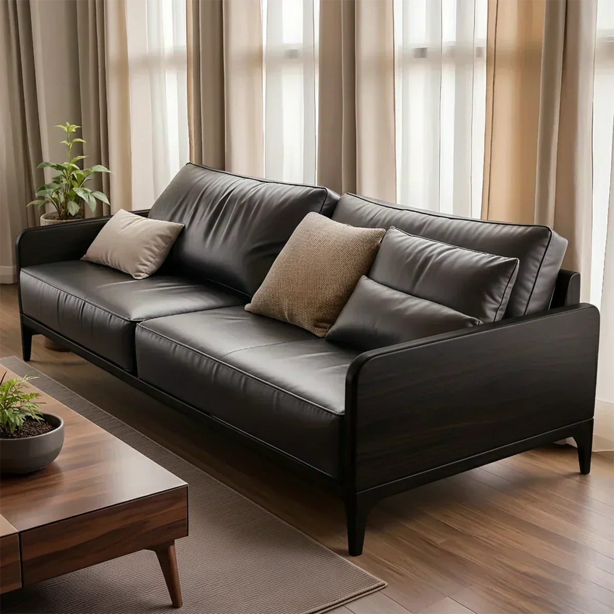 Handcrafted Solid Wood Leather Sofa – Premium Modern Design - Rustiracraft