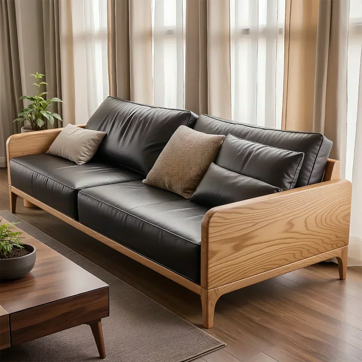 Handcrafted Solid Wood Leather Sofa – Premium Modern Design - Rustiracraft