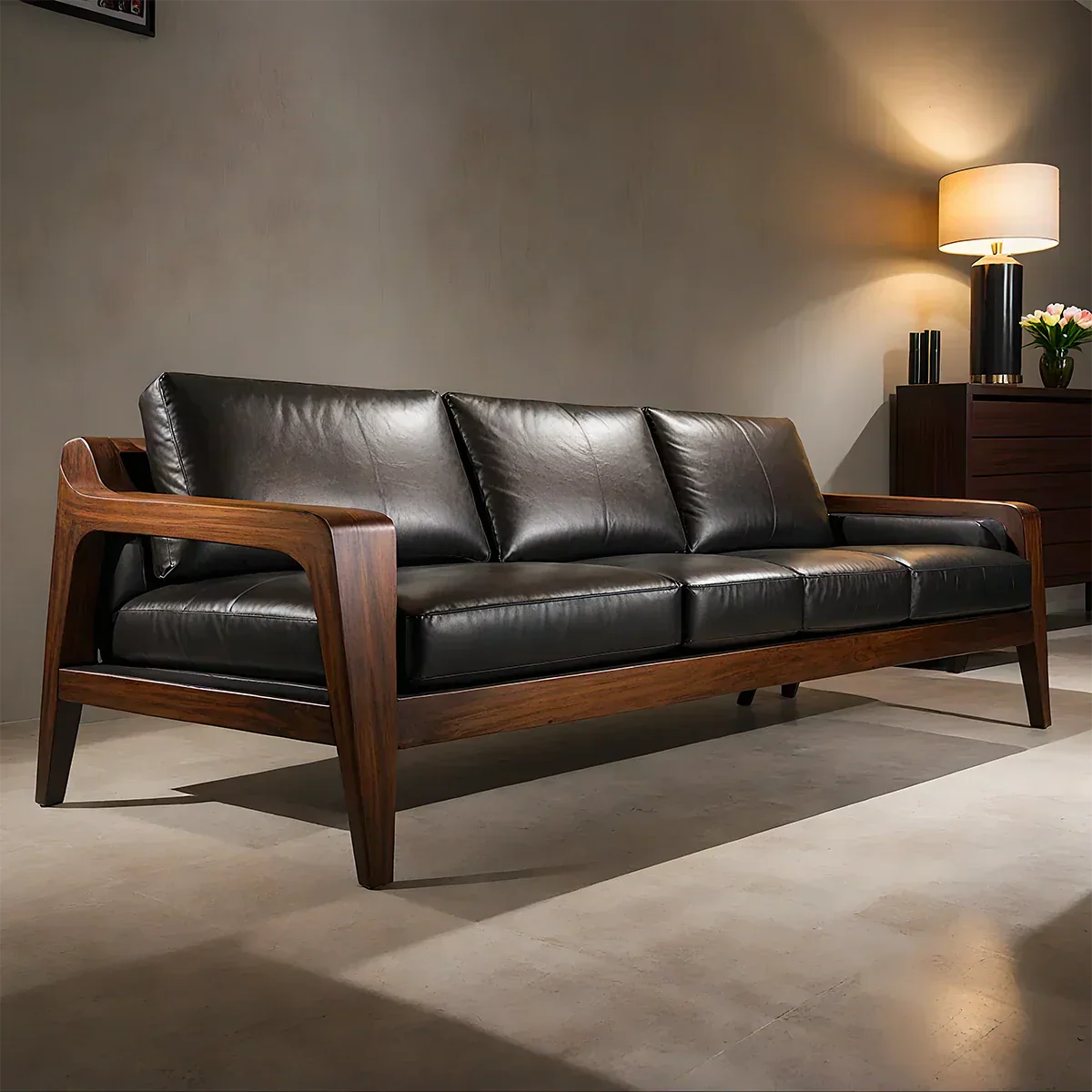 Handcrafted Solid Wood Leather Sofa – Premium Modern Elegance - Rustiracraft 