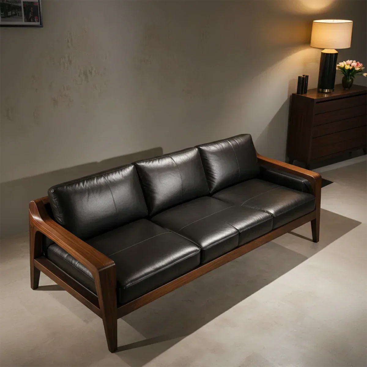 Handcrafted Solid Wood Leather Sofa – Premium Modern Elegance - Rustiracraft 