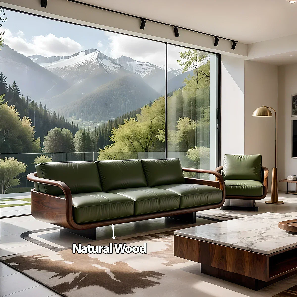 Handcrafted Solid Wood Leather Sofa – Rustic Natural Wood Finish - Rustiracraft 
