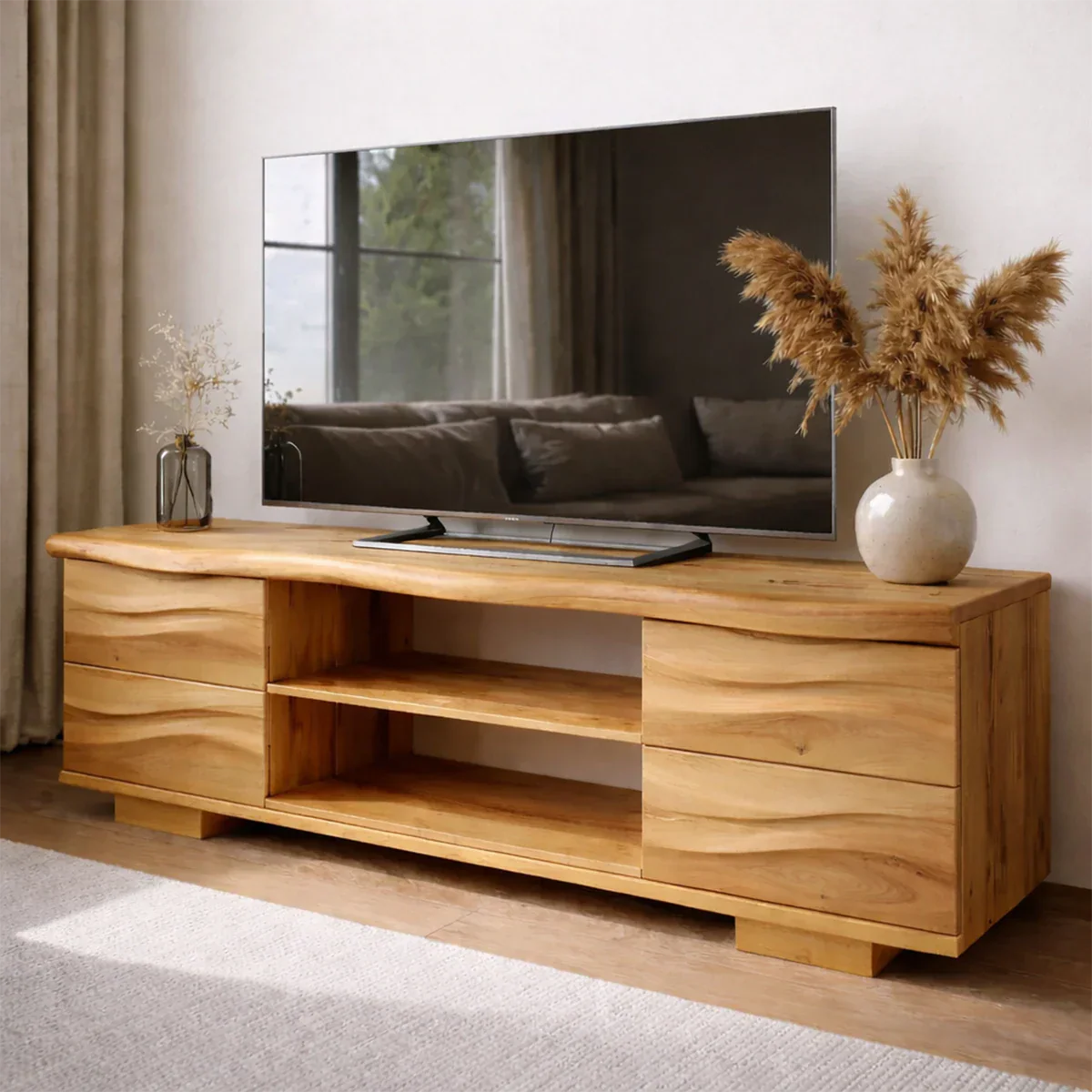 Handcrafted Solid Wood TV Stand with Double Drawer Storage and Open Center Shelves - Rustiracraft 