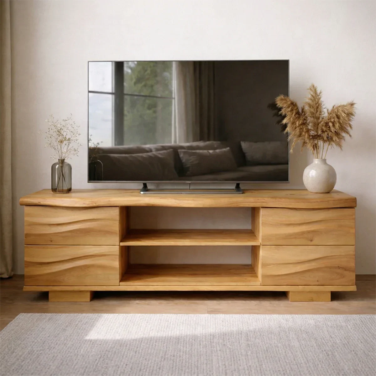 Handcrafted Solid Wood TV Stand with Double Drawer Storage and Open Center Shelves - Rustiracraft 