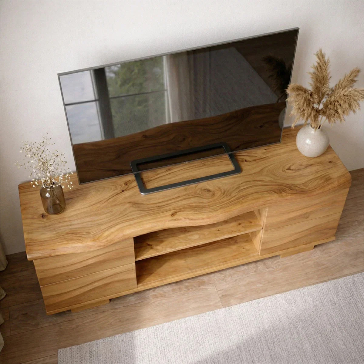 Handcrafted Solid Wood TV Stand with Double Drawer Storage and Open Center Shelves - Rustiracraft 