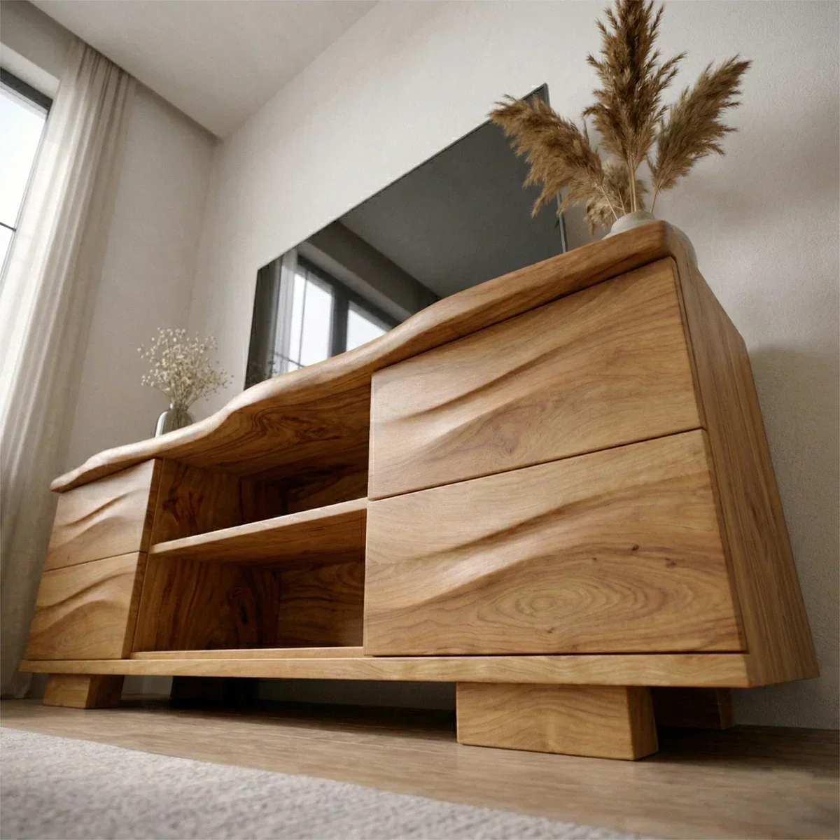 Handcrafted Solid Wood TV Stand with Double Drawer Storage and Open Center Shelves - Rustiracraft 