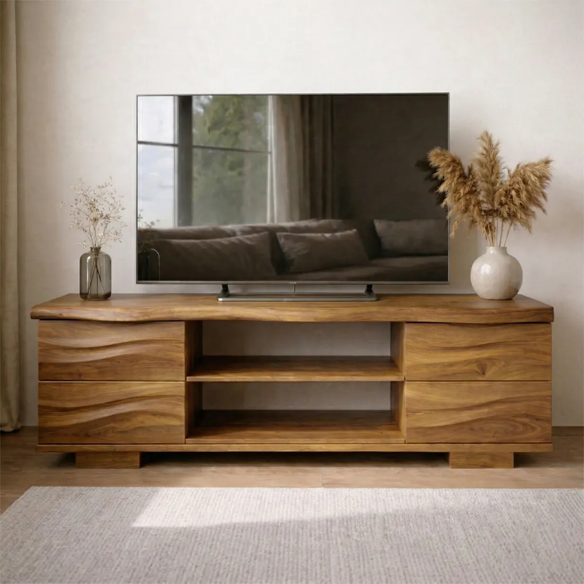 Handcrafted Solid Wood TV Stand with Double Drawer Storage and Open Center Shelves - Rustiracraft 