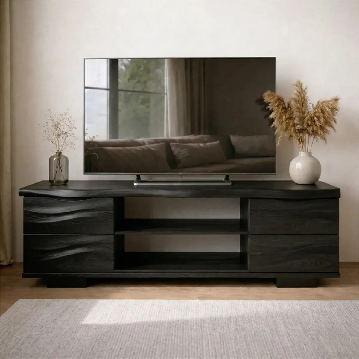 Handcrafted Solid Wood TV Stand with Double Drawer Storage and Open Center Shelves - Rustiracraft 
